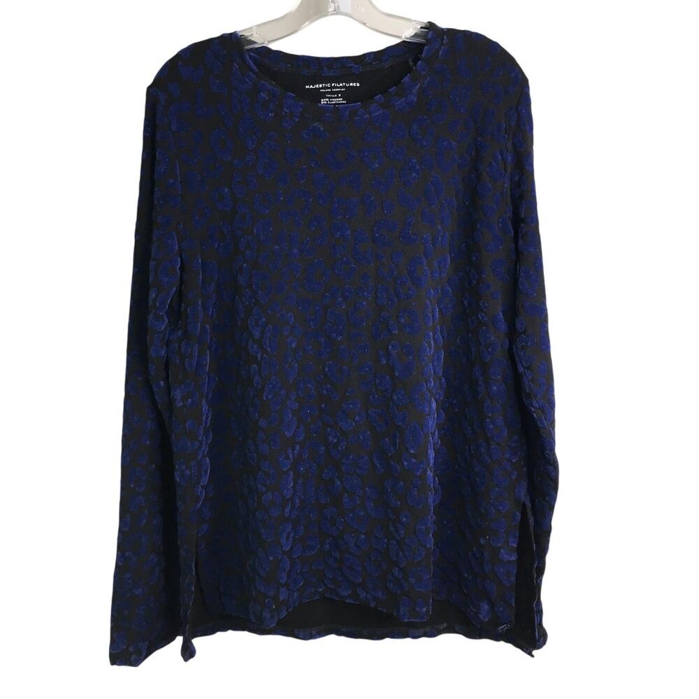Majestic Filatures Top Womens Size 3 Black w/ Blue Velvet Cheetah‎ Long Sleeve